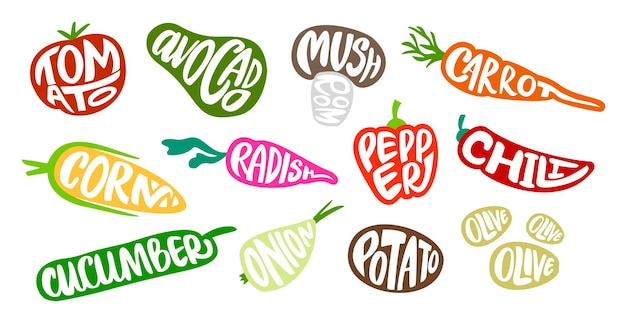 Lettere di verdure distintivi di generi alimentari con nome tipografico vegetale calligrafia pomodoro pepe e carota segno vettore set