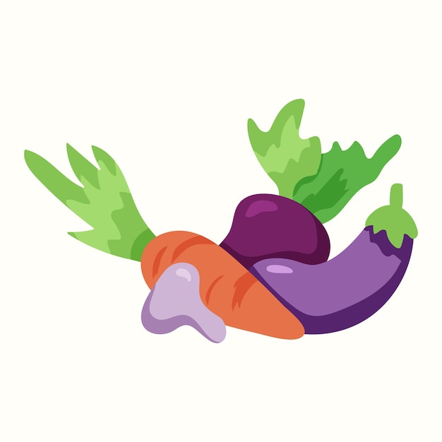 Verdure. funghi, carote, melanzane. ravanello. illustrazione vettoriale in stile piatto