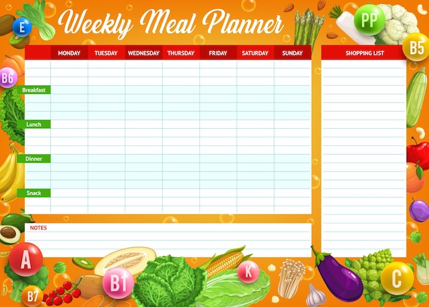 Vector vegetables natural vitamins and minerals weekly meal planner vector schedule organizer check list food plan for week or calendar menu for fitness or workout diet and grocery shopping list