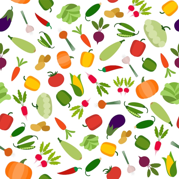 Vegetables organic seamless pattern  illustration in flat style . Vegetable fresh healthy delicious green food tomato potato carrot eggplant pepper.