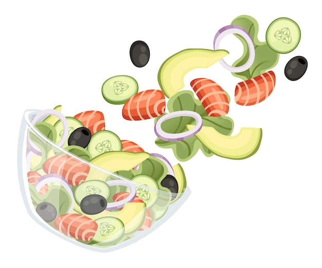 Vettore ricetta insalata di verdure. l'insalata di mare cade in una ciotola trasparente. cibo di progettazione del fumetto di verdure fresche. illustrazione piatta isolati su sfondo bianco.