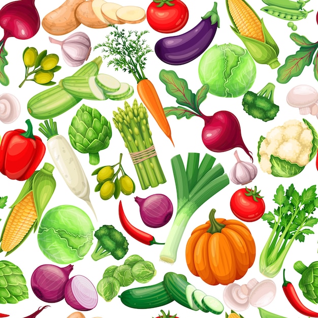 野菜のシームレスなパターン、ベクトルイラスト。アーティチョーク、ネギ、トウモロコシ、ニンニク、キュウリ、コショウ、タマネギ、セロリ、アスパラガス、キャベツ、その他の背景。