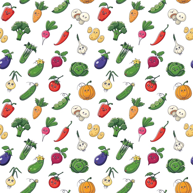 Vegetables seamless pattern with kawaii characters on white background Cartoon vector illustration