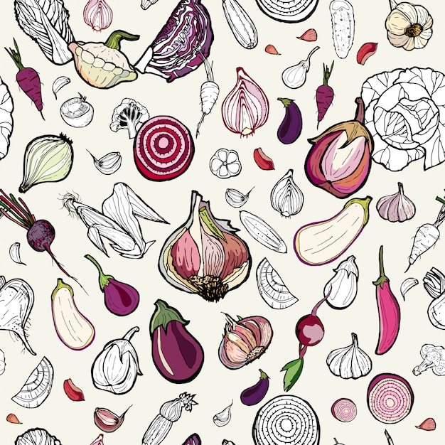 Vegetables seamless pink hand drawn pattern. vegetarian hipster illustration. hand drawn vector pattern of colored vegetables.