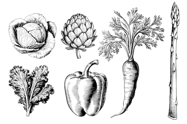 Vector vegetables set artichoke kohlrabi pepper kale carrot asparagus vintage engraved drawing vector