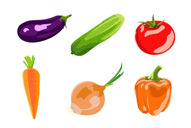 Vector vegetables set illustration healthy food eggplant cucumber tomato carrot onion bell pepper