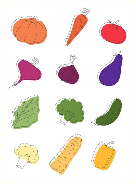 Vegetables set Linear graphic with separate fill