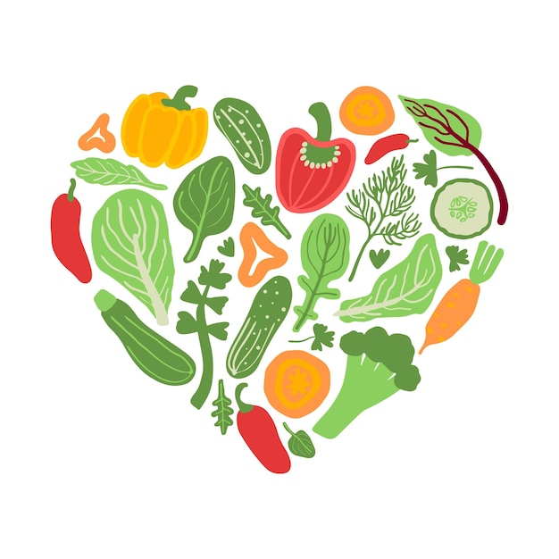 Vegetables in a shape of a heart Healthy food diet poster Love vegetables concept illustration