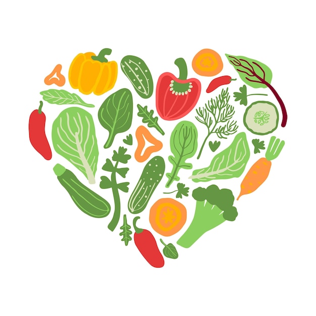 Vector vegetables in a shape of a heart healthy food diet poster love vegetables concept illustration