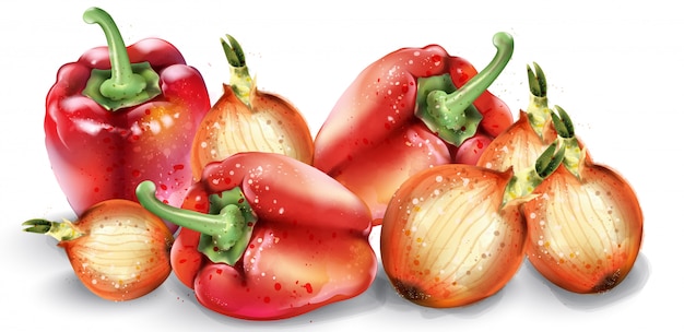 vegetables watercolor. delicious tomatoes, red pepper and onions. summer healthy foods