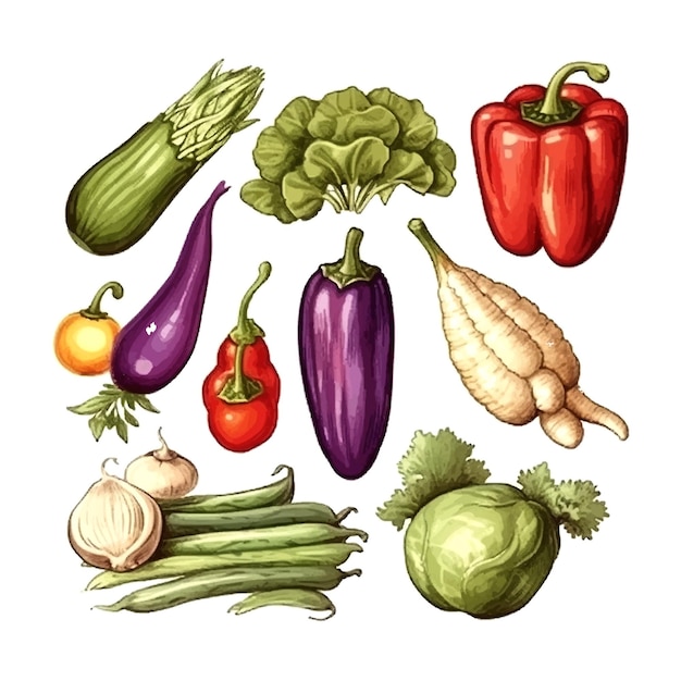 Овощи акварель в стиле ретро ручной работы на белом фоне летний элемент векторной иллюстрации