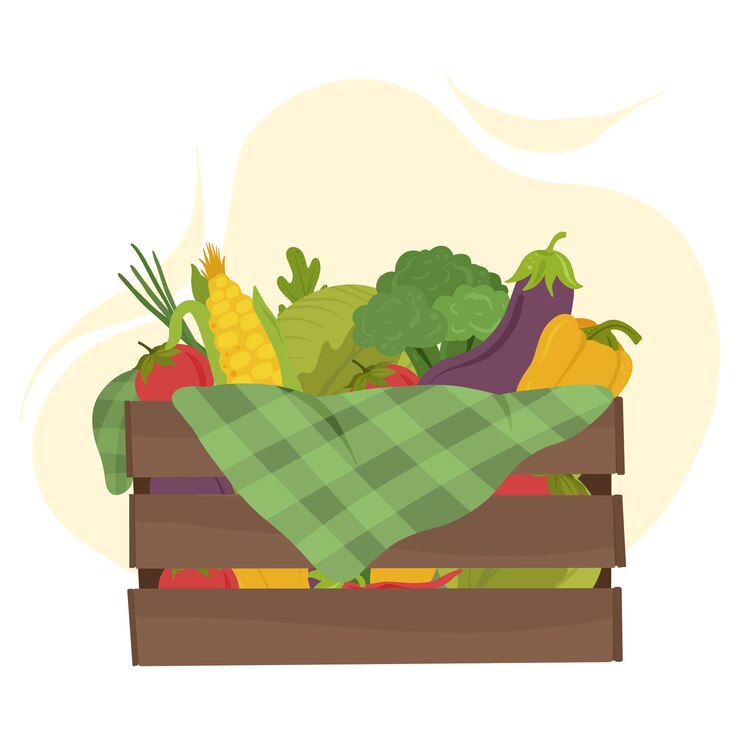 Vector vegetables in a wooden box harvest farm products eco