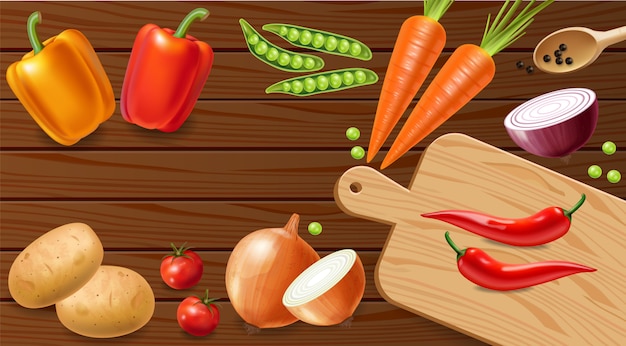 Vector vegetables on wooden table