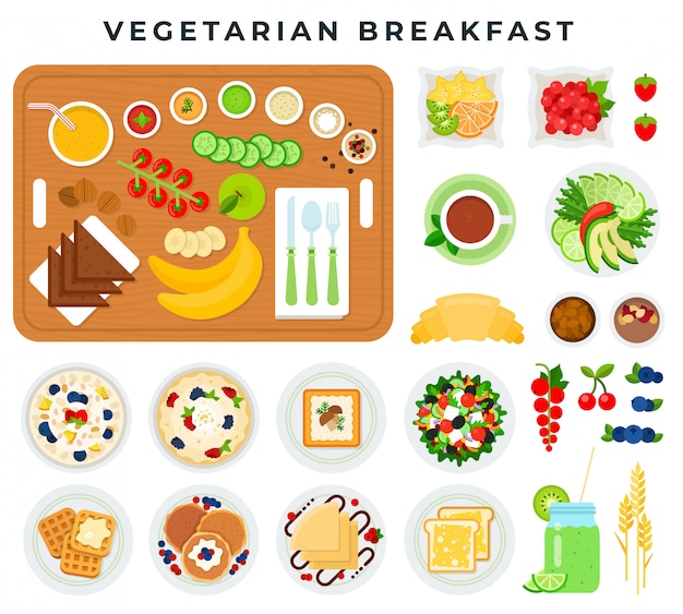 Vegetarian breakfast, set of flat design colorful elements. Vegetables, fruits, berries, pastries, muesli, drinks.