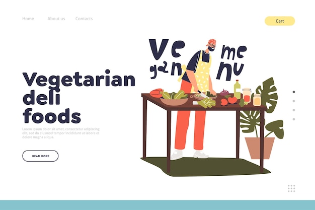 Vegetarian deli food concept of landing page with male chef cook making vegan menu for restaurant. veggie food cuisine preparation. cartoon flat vector illustration