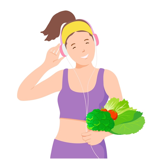 ベクトル ベジタリアン食品と健康的なスポーツライフスタイルのコンセプト ポジティブな女性はヘッドフォンでお気に入りの曲を楽しんで緑の野菜を運びます