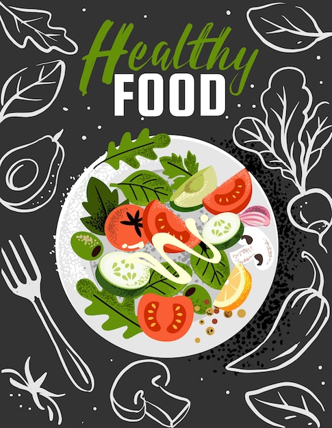 Vector vegetarian food banner with salad top view