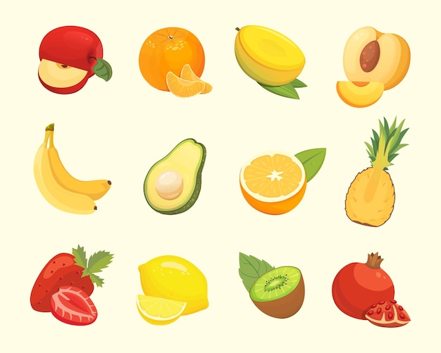 Vegetarian food icons in cartoon style Color fresh tropical organic fruits Health fruity harvest illustration