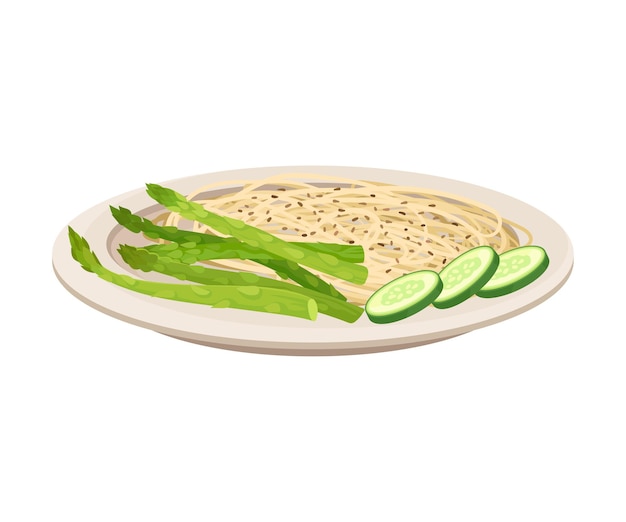 Vegetarian pasta with asparagus sesame seeds and sliced cucumber isolated on white background