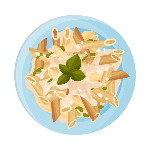 Vector vegetarian pasta with cream sauce and greenery served on plate vector closeup illustration