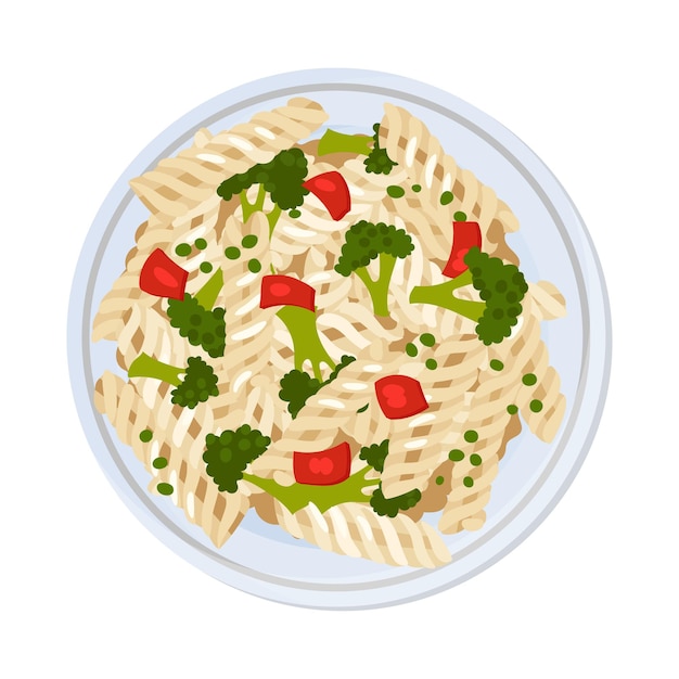 Vector vegetarian pasta with pepper and broccoli served on plate vector closeup illustration