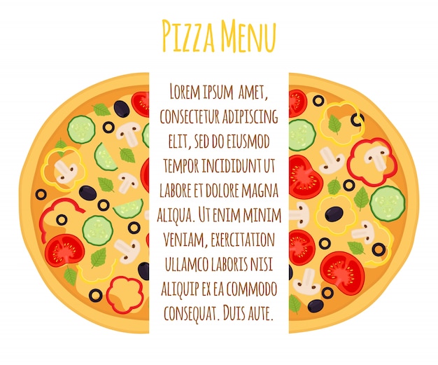 Vector vegetarian pizza menu template, margherita with tomato, pepper and other vegetables