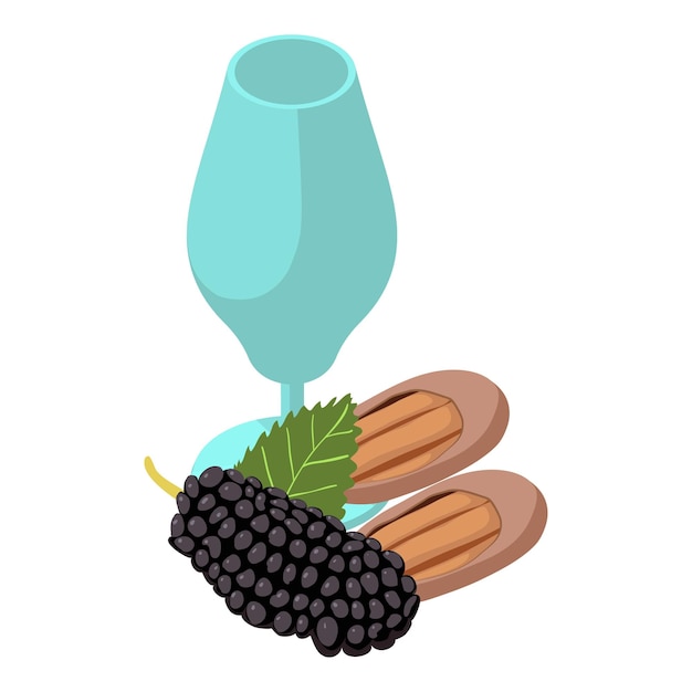 Vegetarian product icon isometric vector stemmed glass black mulberry and pecan natural ingredient healthy food still life