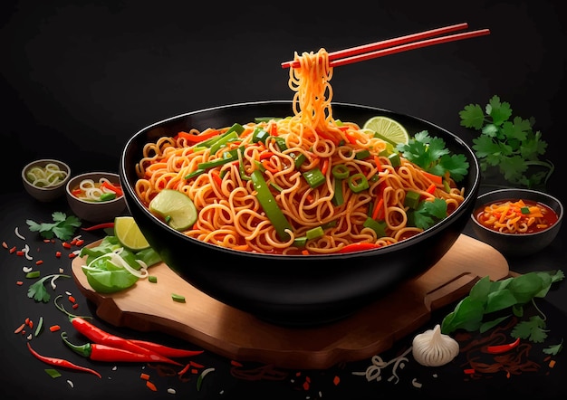 Vector vegetarian schezwan noodles illustration