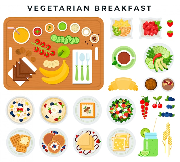 Vegetarisch ontbijt, set van platte ontwerp kleurrijke elementen. groenten, fruit, bessen, gebak, muesli, drankjes.