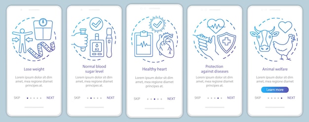 Vegetarische voordelen onboarding mobiele app paginascherm vectorsjabloon