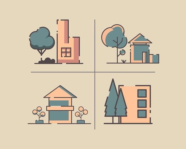 Vector vegetation and building icon asset graphic