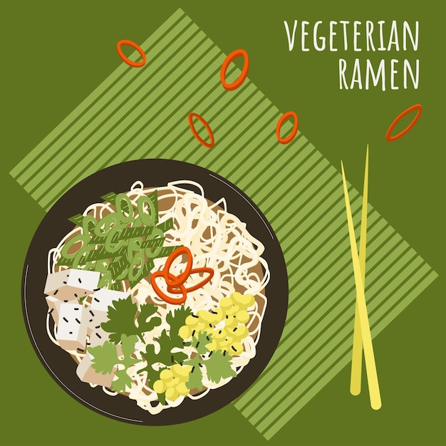Vegeterian ramen soup with chopsticks on bamboo placemat poster