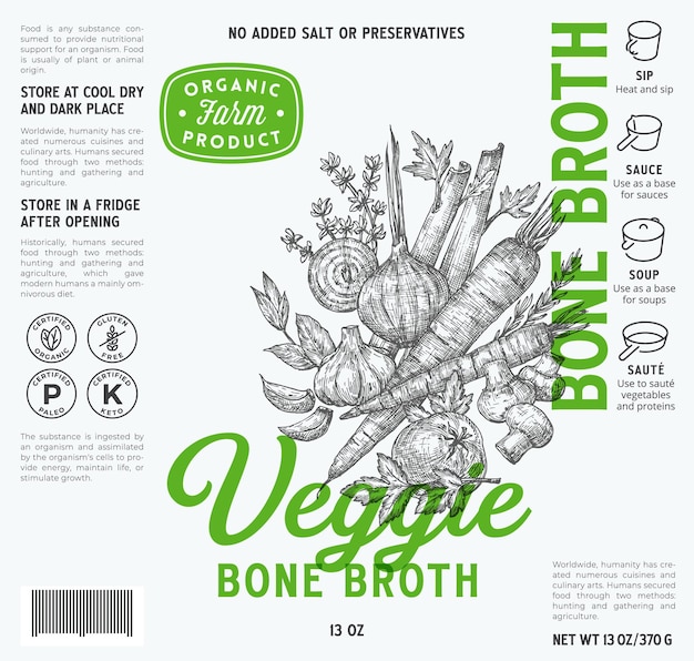 Vector veggie bone broth label template abstract vector food packaging design layout modern typography