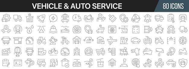 Vehicle and auto service line icons collection big ui icon set in a flat design thin outline icons pack vector illustration eps10