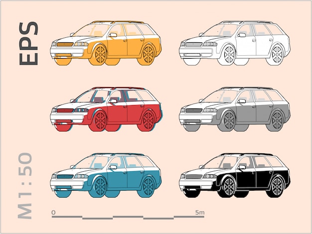 Vector vehicle car drawing set on different colors, side view