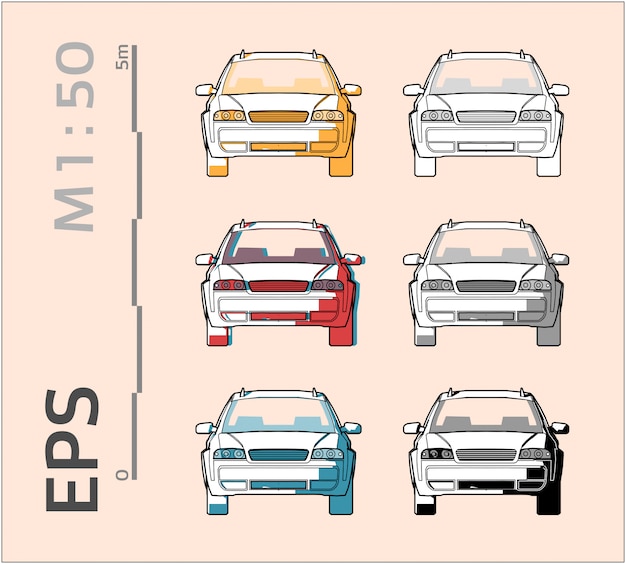 Вектор Комплектация автомобиля рисунком на разные цвета, вид спереди