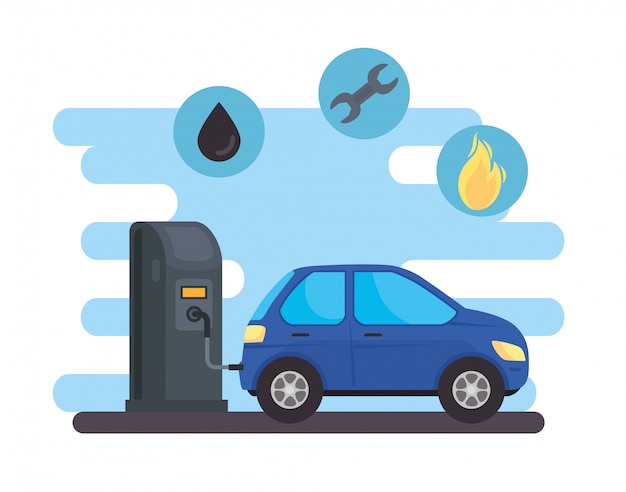 Vector vehicle car sedan in fuel station with set oil fuel vector illustration design