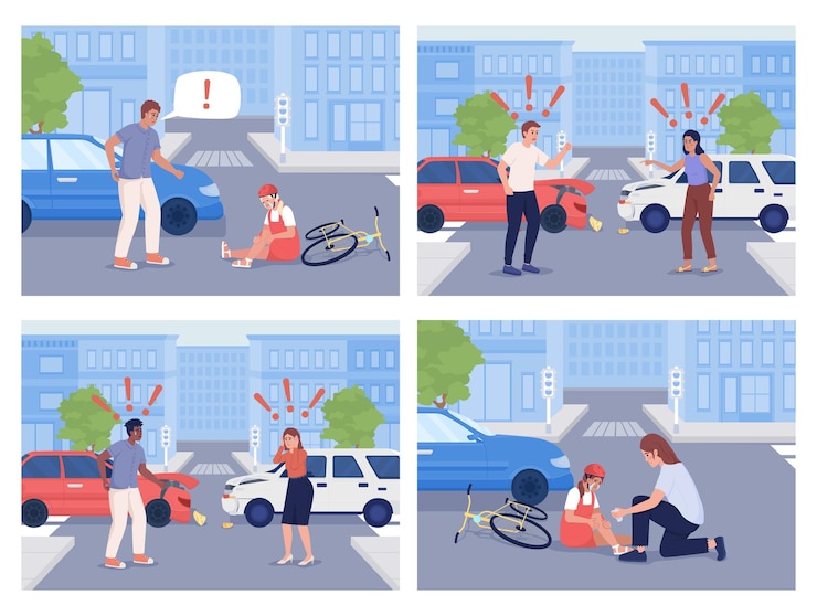 Vector vehicle collision flat color vector illustration set