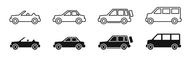 Коллекция иконок автомобилей Иконки автомобилей Автомобильные векторные иконки Символы автомобилей Седан автомобильные силуэты