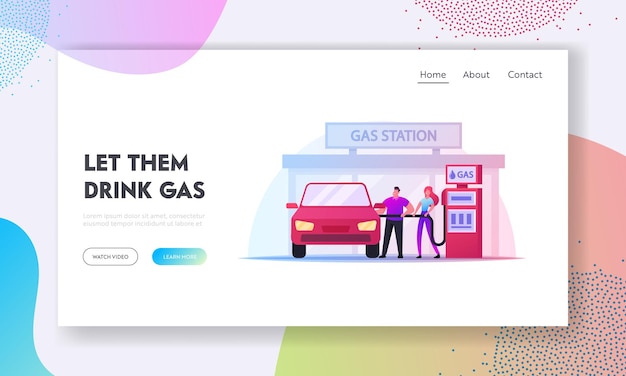 Vector vehicle refilling landing page template. characters on gas station hold filling gun for pouring fuel in car. petroleum station refueling automobile drivers service. cartoon people vector illustration