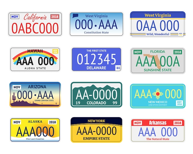 Vector vehicle registration number plates set include of arizona alaska and colorado vector illustration of transportation information signs