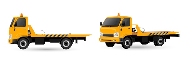 Vehicle roadside assistance concepts isolated on white background Tow truck flatbed with a winch to move disabled improperly parked damaged cars Yellow wrecker breakdown lorry Vector illustration