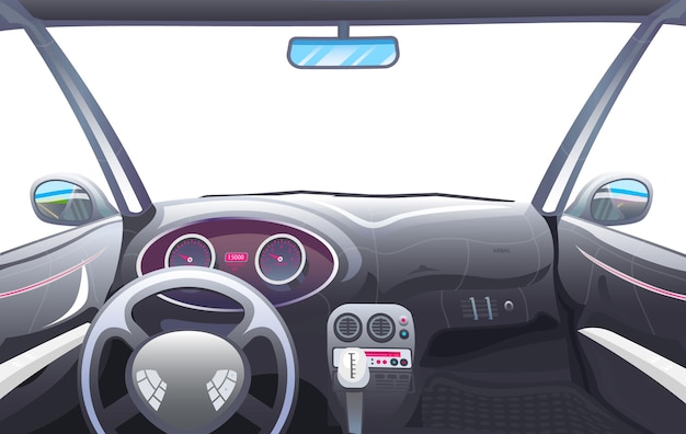 Salone del veicolo vista del conducente controllo del cruscotto in un'auto intelligente controllo virtuale o simulazione con pilota automatico illustrazione vettoriale dell'automobile elettrica autonoma