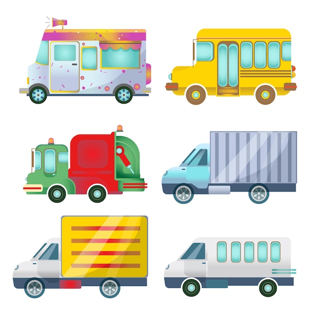 vehicle school bus, truck, car, sedan, dump truck, delivery car vector illustration