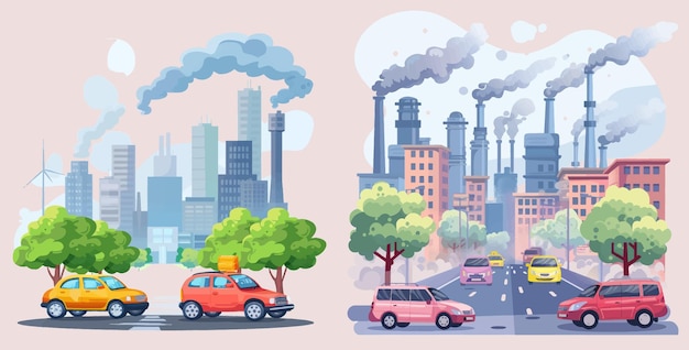 Вектор Токсическое загрязнение транспортных средств загрязненный воздух или окружающая среда автомобильные отходы опасность мультфильм векторная иллюстрация
