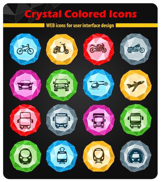 Vector vehicle and transport related icons on bright colored buttons crystals