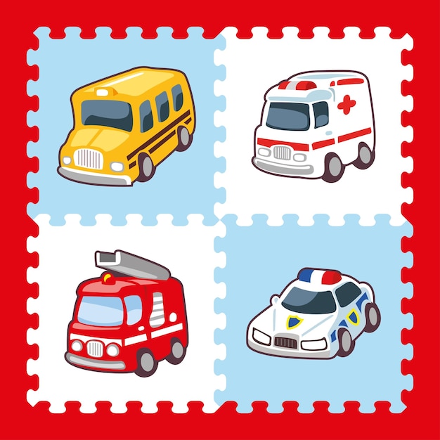 Vehicles illustration with 4 pieces puzzle mat design 2