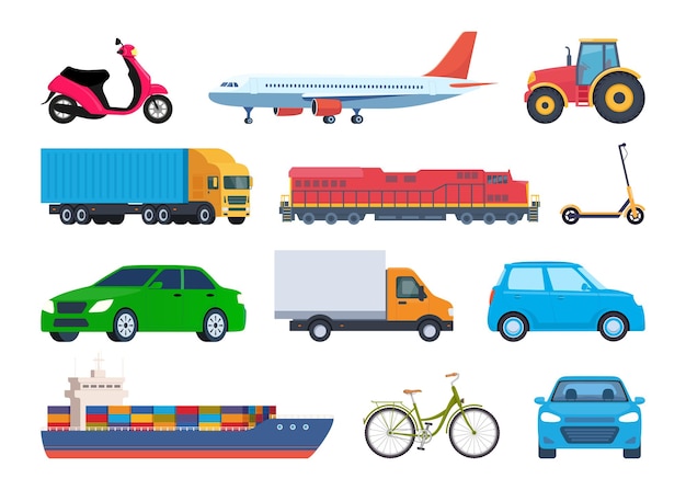 Vehicles set car bicycle moped electric scooter truck tractor ship train plane