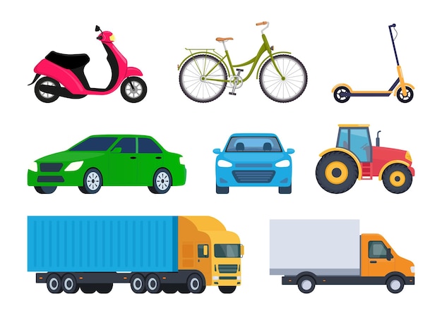 Vehicles set car bicycle moped electric scooter truck tractor vector illustration in flat style