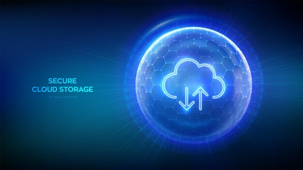 Veilige cloudopslag Cloud-icoon binnen transparante beschermsfeer schild met zeshoekig patroon